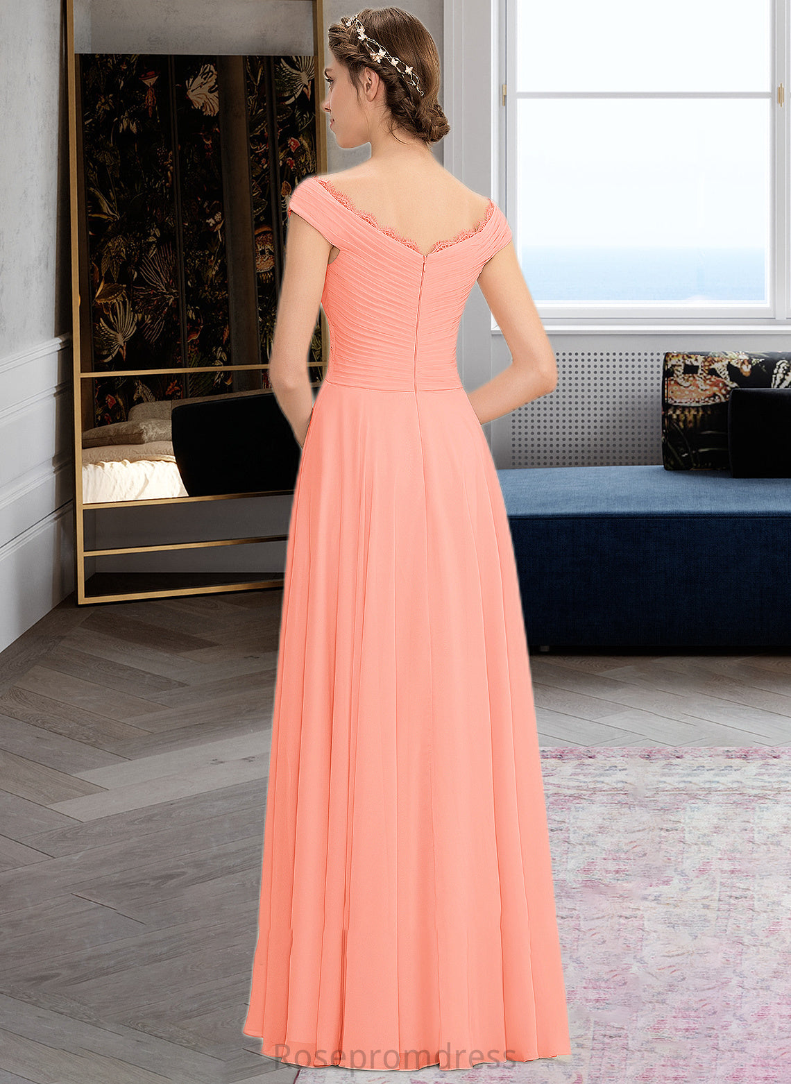 Mckenna A-Line Off-the-Shoulder Floor-Length Chiffon Bridesmaid Dress With Ruffle Lace SRSP0012941
