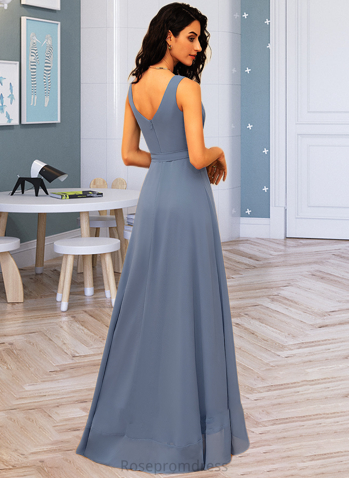 Mandy A-Line V-neck Asymmetrical Chiffon Bridesmaid Dress With Ruffle Bow(s) SRSP0012942