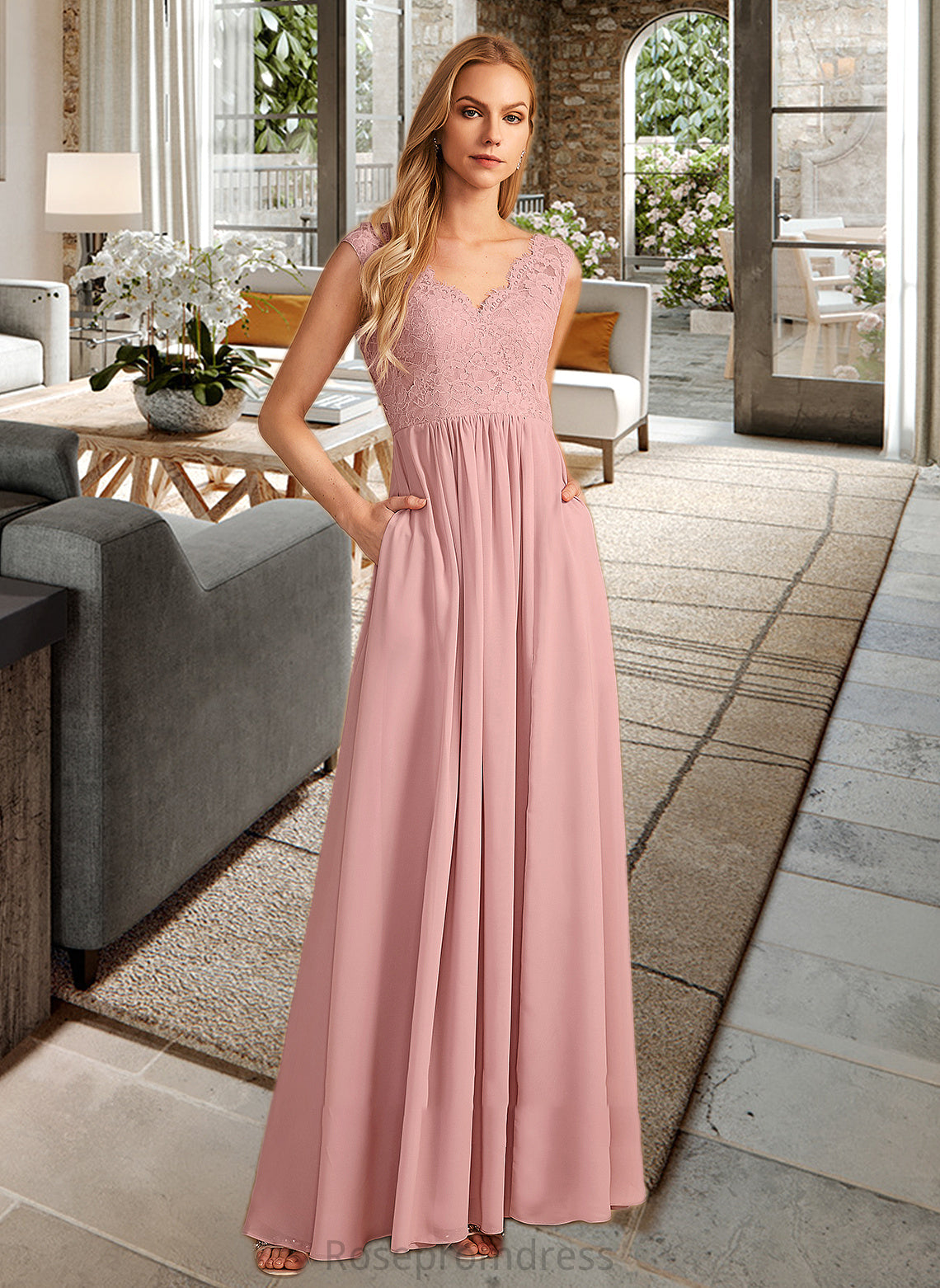 Kaya A-Line V-neck Floor-Length Bridesmaid Dress With Split Front Pockets SRSP0012943
