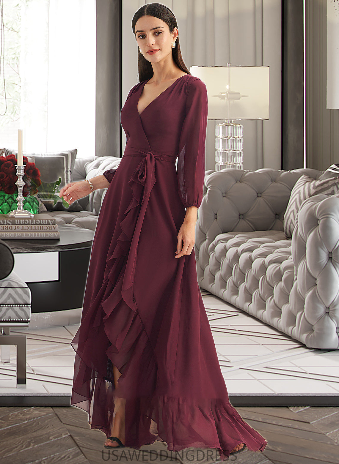 Hanna A-Line V-neck Asymmetrical Bridesmaid Dress With Ruffle Split Front DSP0012945