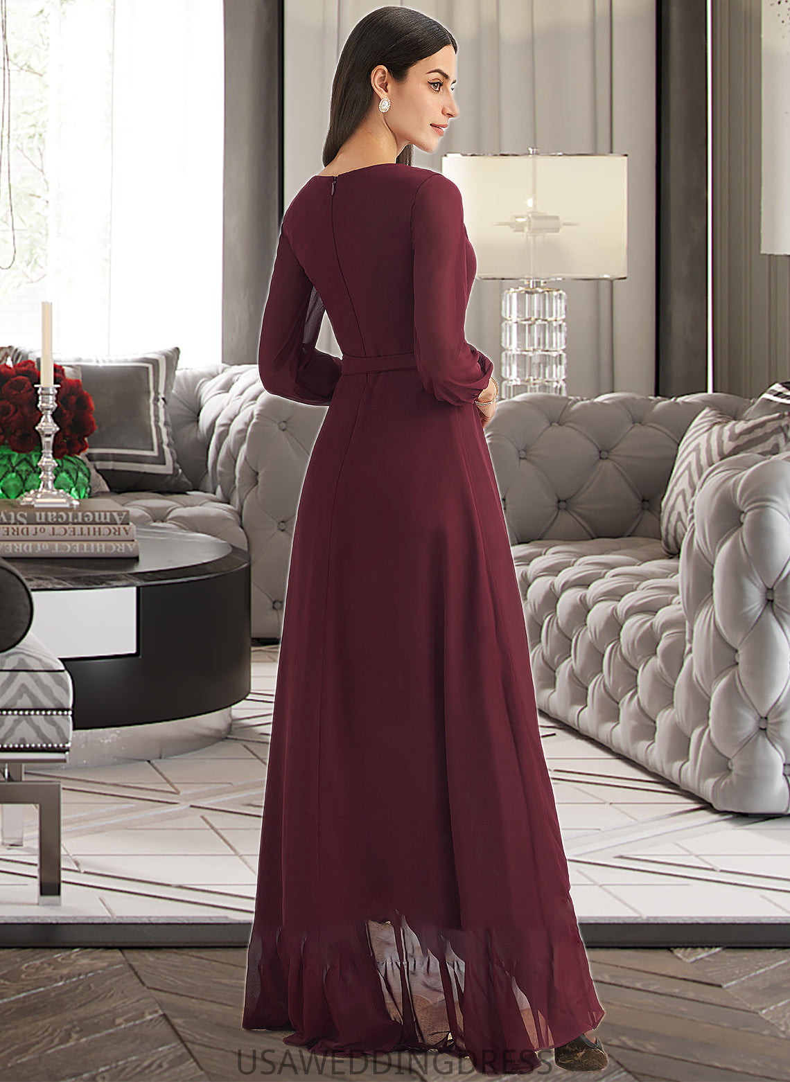 Hanna A-Line V-neck Asymmetrical Bridesmaid Dress With Ruffle Split Front DSP0012945