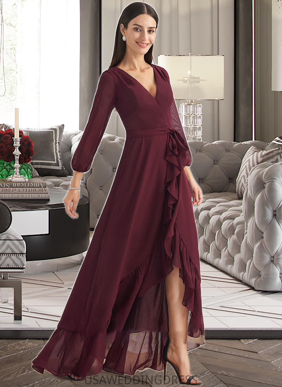 Hanna A-Line V-neck Asymmetrical Bridesmaid Dress With Ruffle Split Front DSP0012945