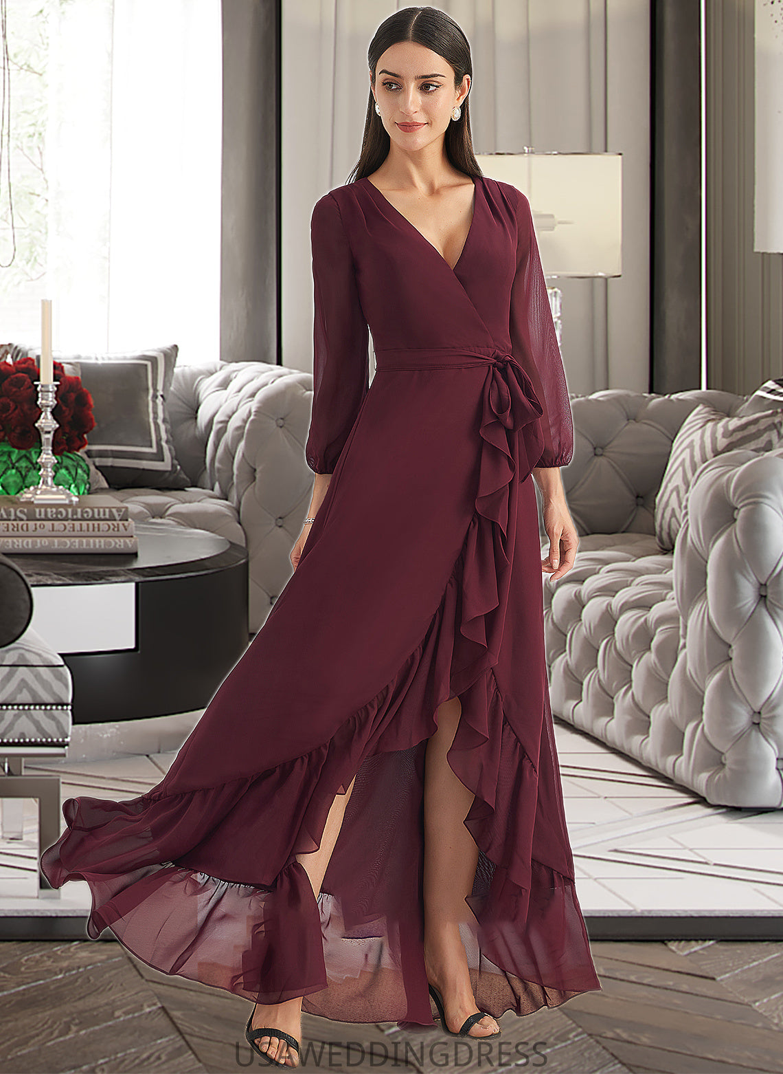 Hanna A-Line V-neck Asymmetrical Bridesmaid Dress With Ruffle Split Front DSP0012945