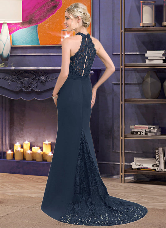 Frederica Trumpet/Mermaid High Neck Sweep Train Chiffon Lace Bridesmaid Dress SRSP0012946