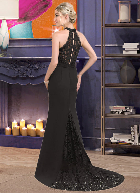 Frederica Trumpet/Mermaid High Neck Sweep Train Chiffon Lace Bridesmaid Dress SRSP0012946