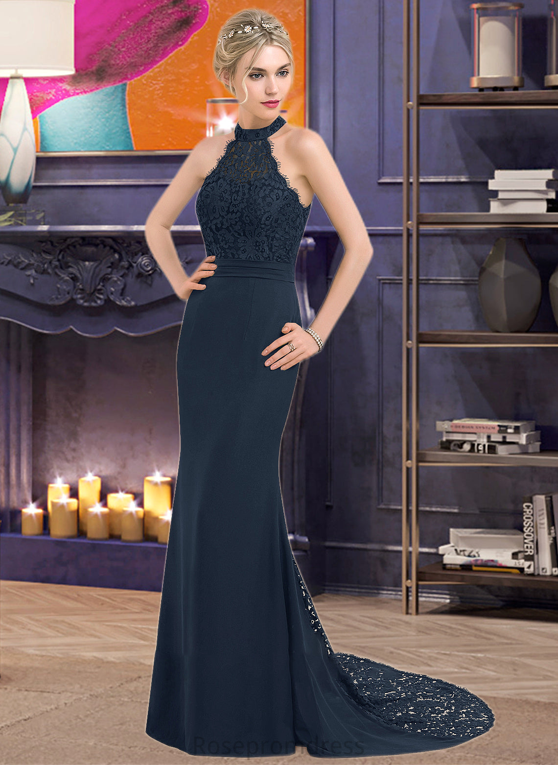 Frederica Trumpet/Mermaid High Neck Sweep Train Chiffon Lace Bridesmaid Dress SRSP0012946