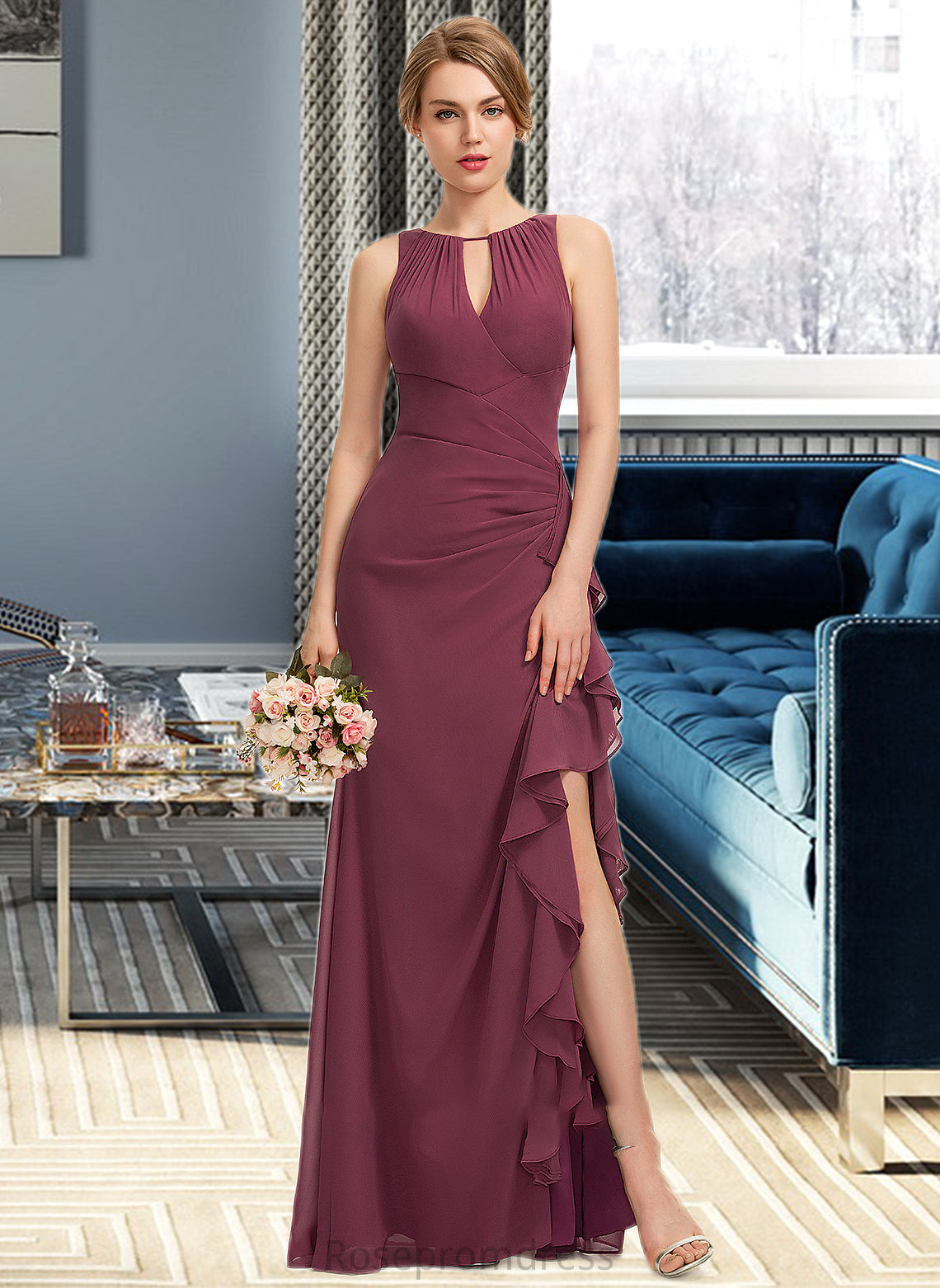 Lana A-Line Scoop Neck Floor-Length Chiffon Bridesmaid Dress With Split Front Cascading Ruffles SRSP0012947