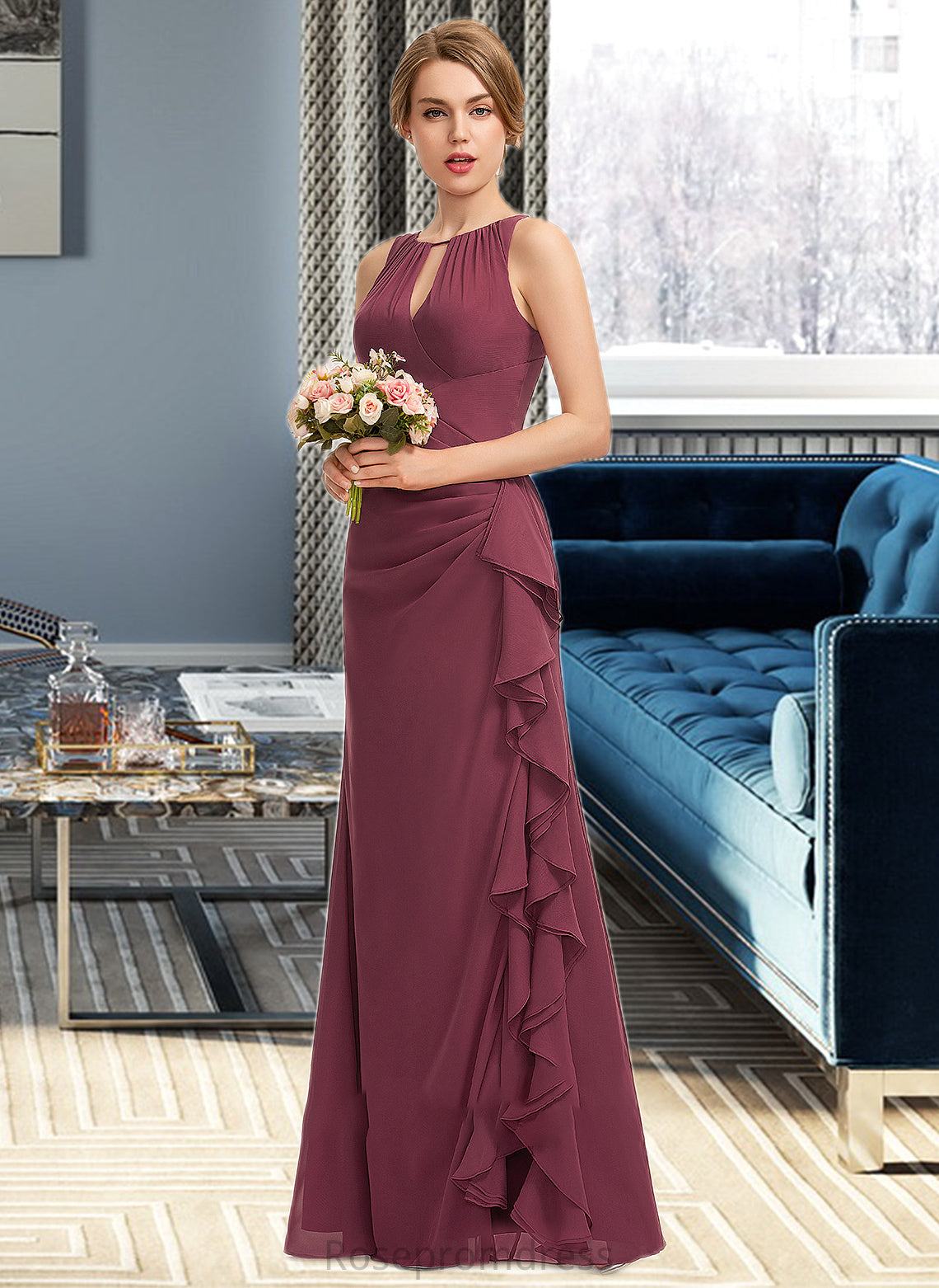 Lana A-Line Scoop Neck Floor-Length Chiffon Bridesmaid Dress With Split Front Cascading Ruffles SRSP0012947