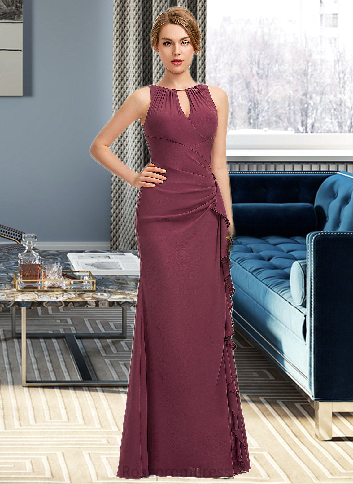 Lana A-Line Scoop Neck Floor-Length Chiffon Bridesmaid Dress With Split Front Cascading Ruffles SRSP0012947