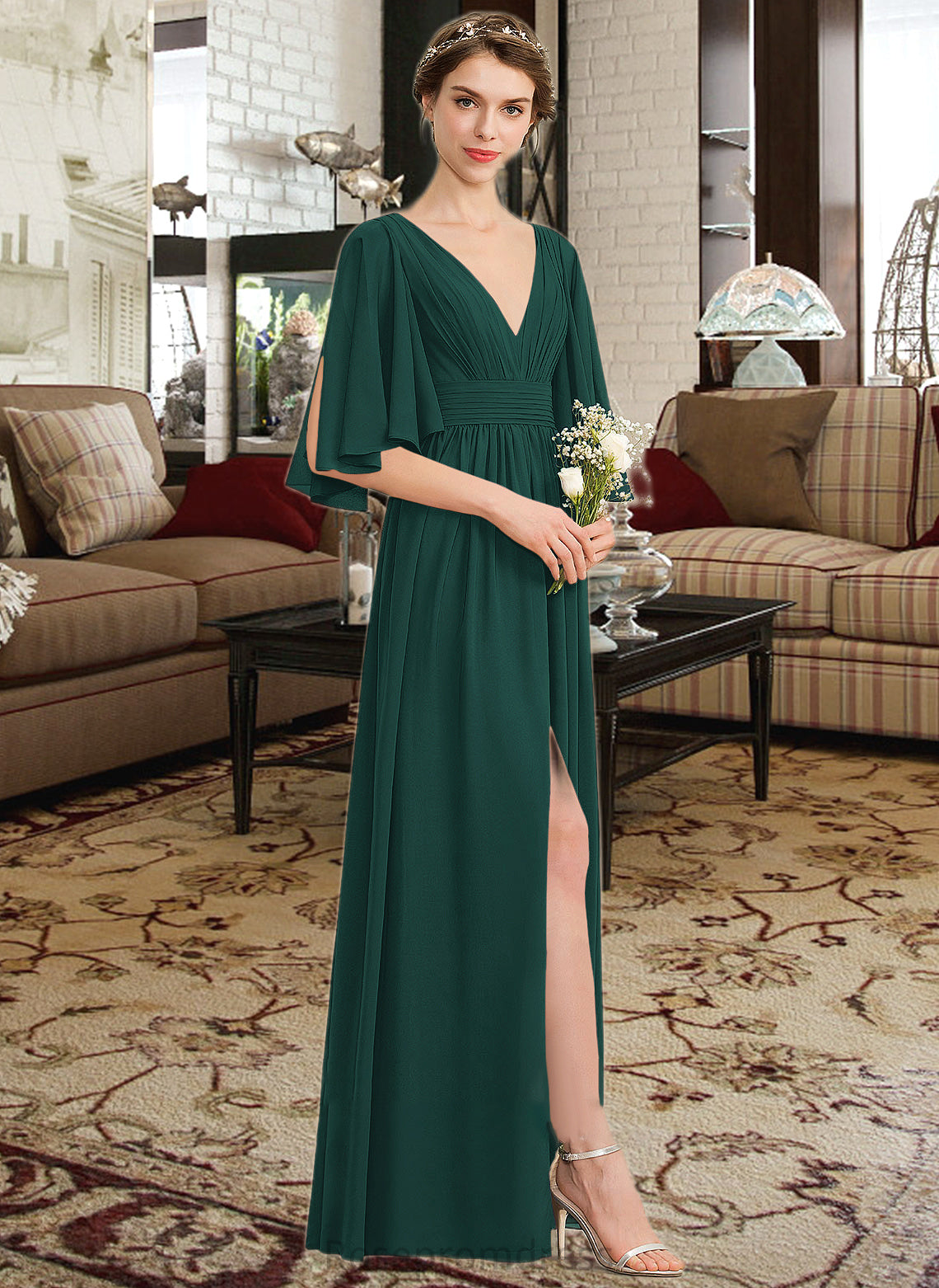 Cali A-Line V-neck Floor-Length Chiffon Bridesmaid Dress With Ruffle Bow(s) Split Front SRSP0012948