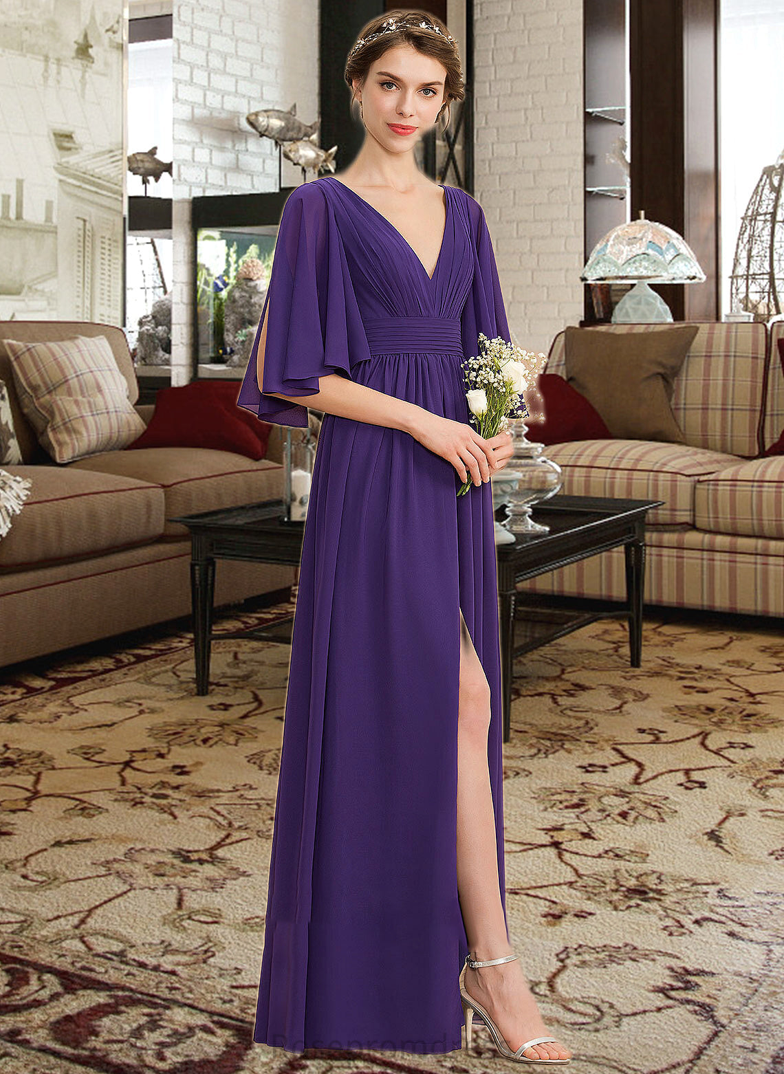 Cali A-Line V-neck Floor-Length Chiffon Bridesmaid Dress With Ruffle Bow(s) Split Front SRSP0012948