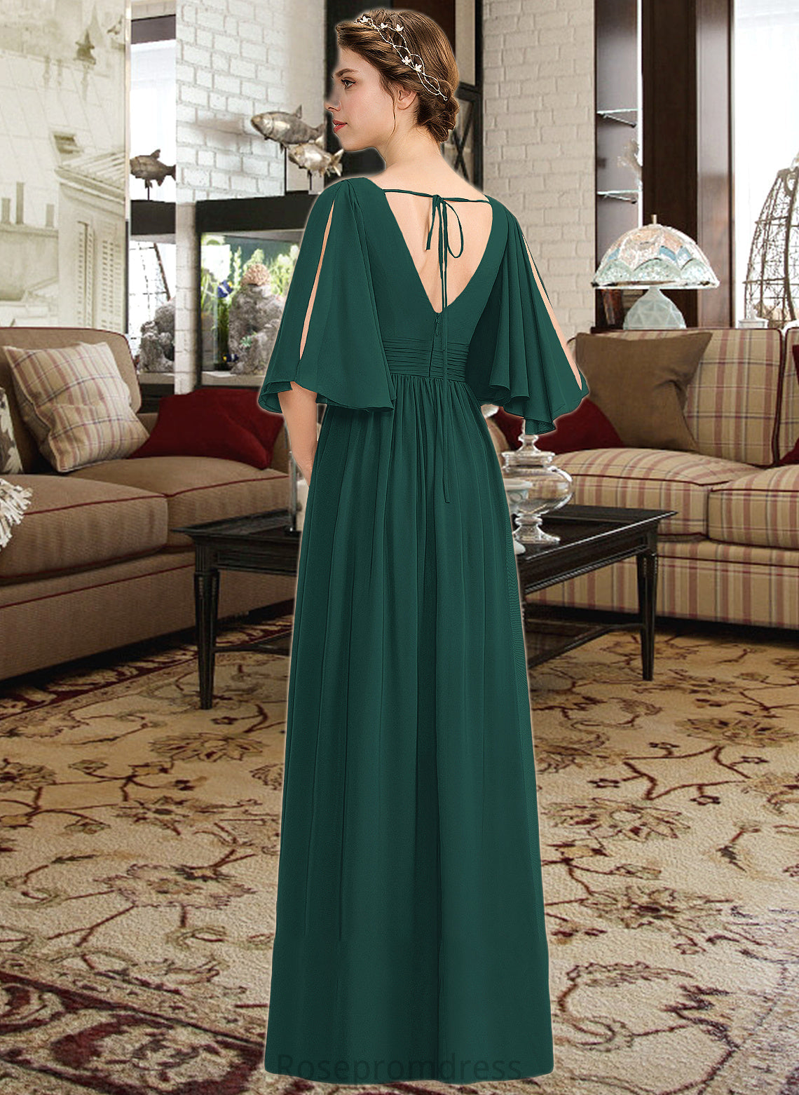 Cali A-Line V-neck Floor-Length Chiffon Bridesmaid Dress With Ruffle Bow(s) Split Front SRSP0012948
