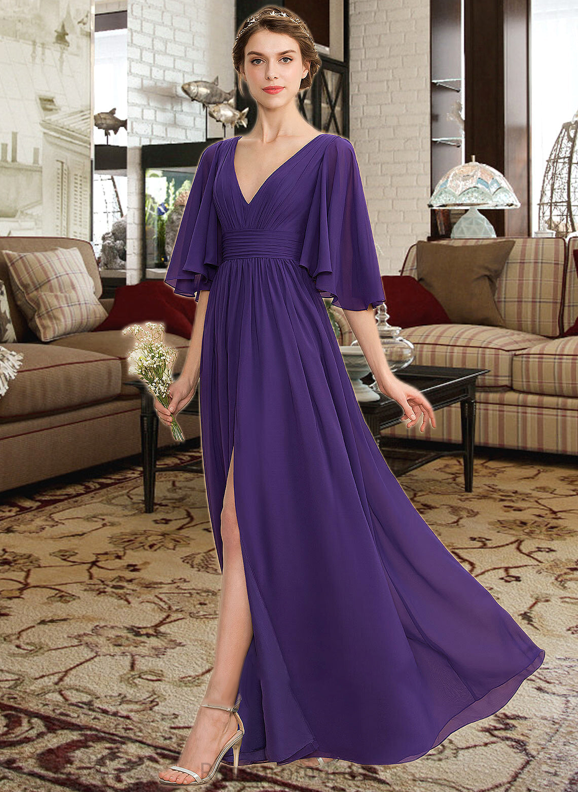 Cali A-Line V-neck Floor-Length Chiffon Bridesmaid Dress With Ruffle Bow(s) Split Front SRSP0012948