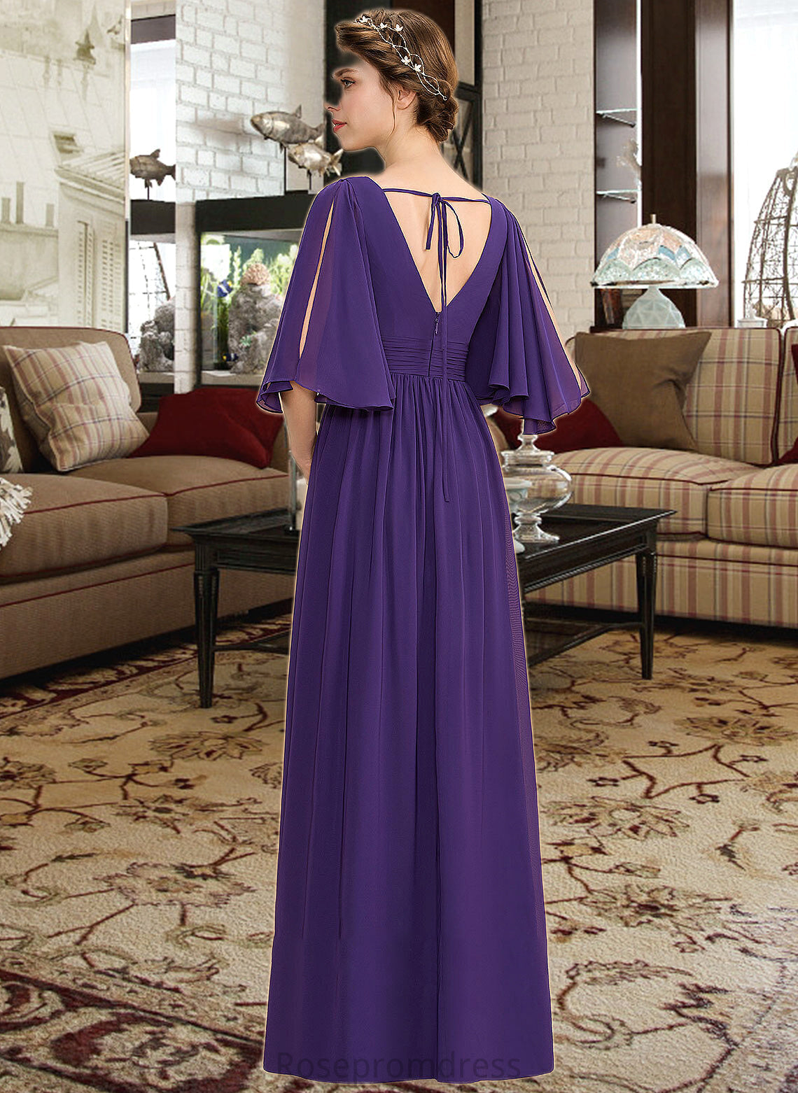 Cali A-Line V-neck Floor-Length Chiffon Bridesmaid Dress With Ruffle Bow(s) Split Front SRSP0012948