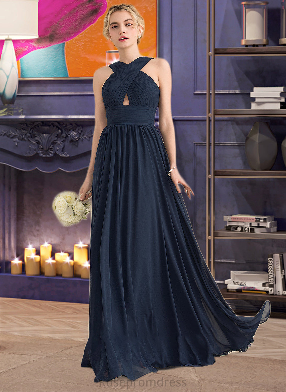 Allie A-line V-Neck Sweep Train Chiffon Bridesmaid Dress With Ruffle SRSP0012949