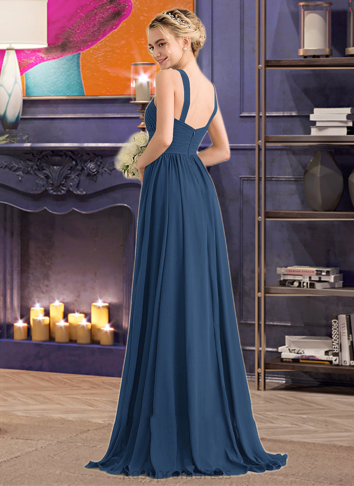 Allie A-line V-Neck Sweep Train Chiffon Bridesmaid Dress With Ruffle SRSP0012949