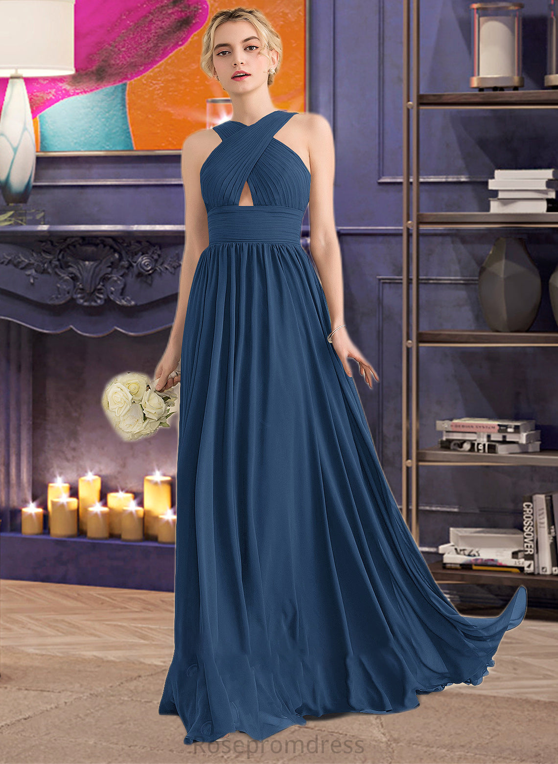 Allie A-line V-Neck Sweep Train Chiffon Bridesmaid Dress With Ruffle SRSP0012949