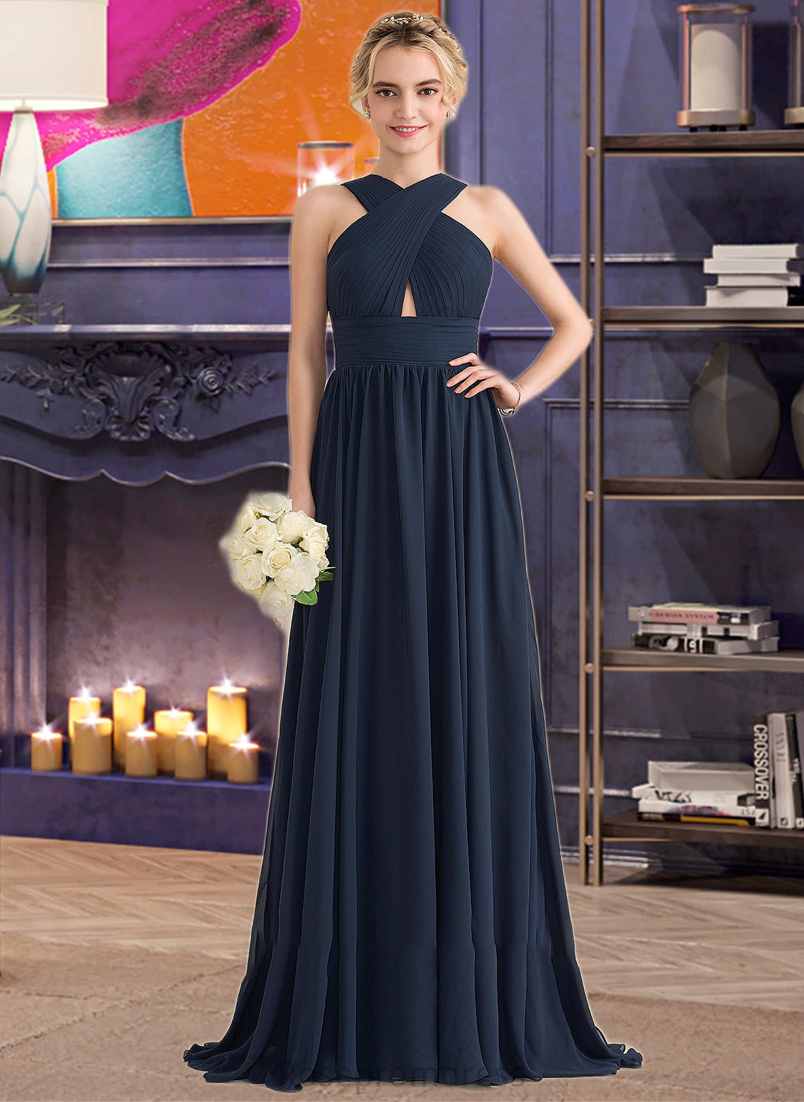 Allie A-line V-Neck Sweep Train Chiffon Bridesmaid Dress With Ruffle SRSP0012949