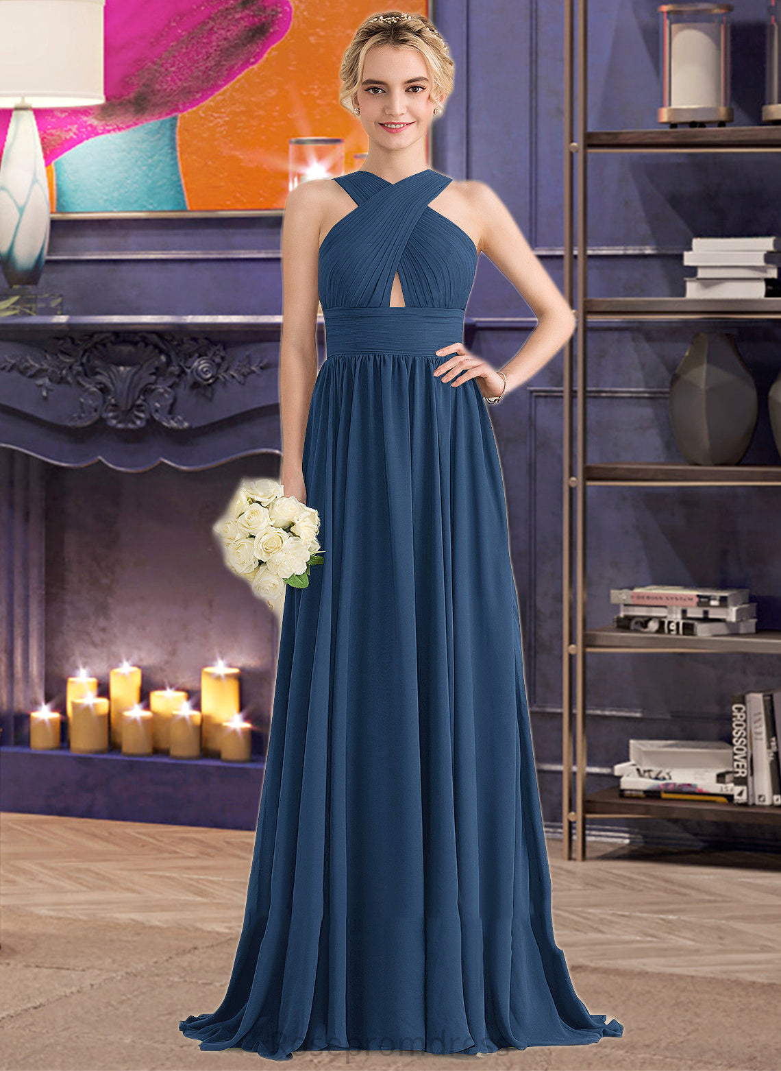 Allie A-line V-Neck Sweep Train Chiffon Bridesmaid Dress With Ruffle SRSP0012949