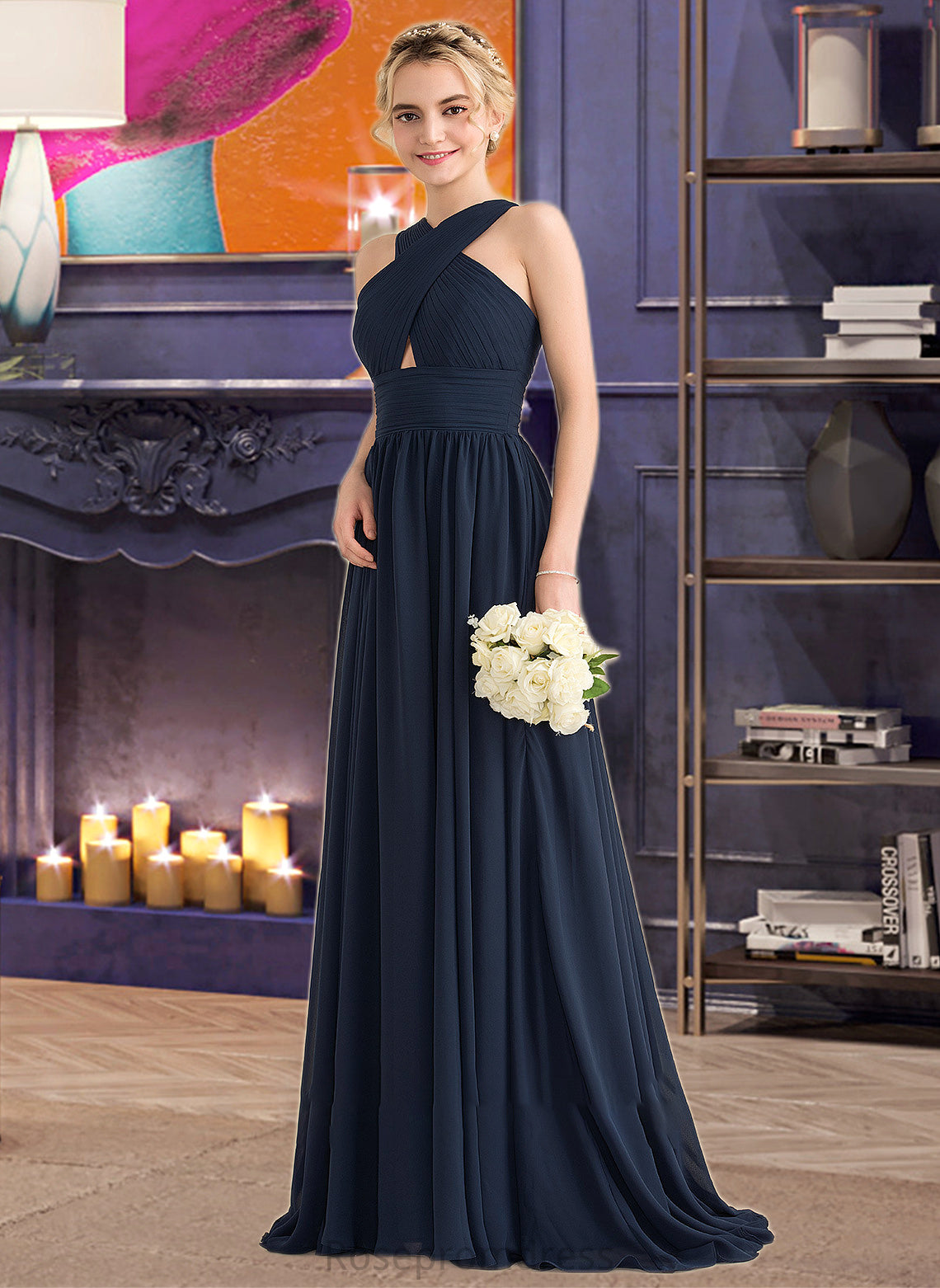 Allie A-line V-Neck Sweep Train Chiffon Bridesmaid Dress With Ruffle SRSP0012949