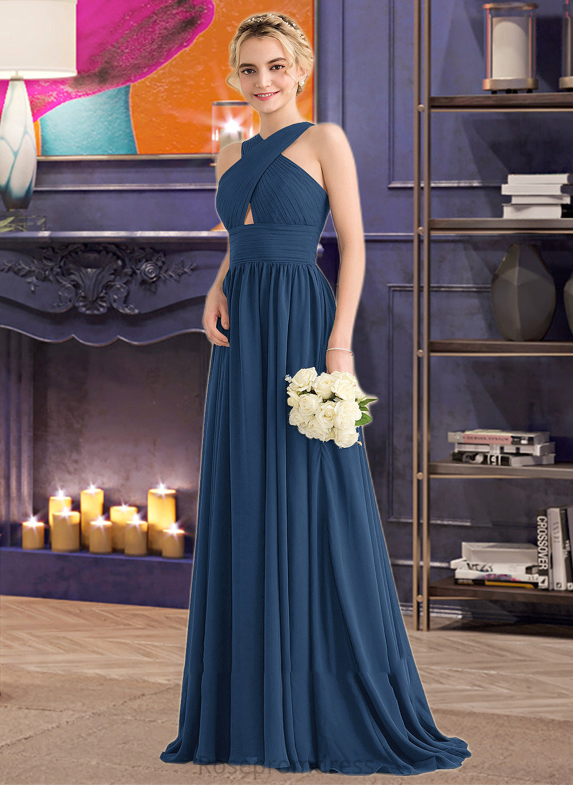 Allie A-line V-Neck Sweep Train Chiffon Bridesmaid Dress With Ruffle SRSP0012949