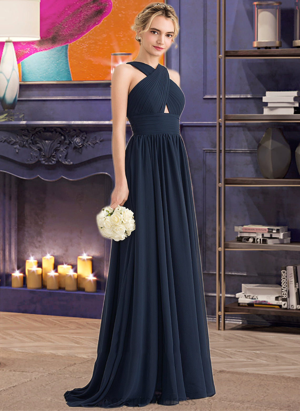 Allie A-line V-Neck Sweep Train Chiffon Bridesmaid Dress With Ruffle SRSP0012949