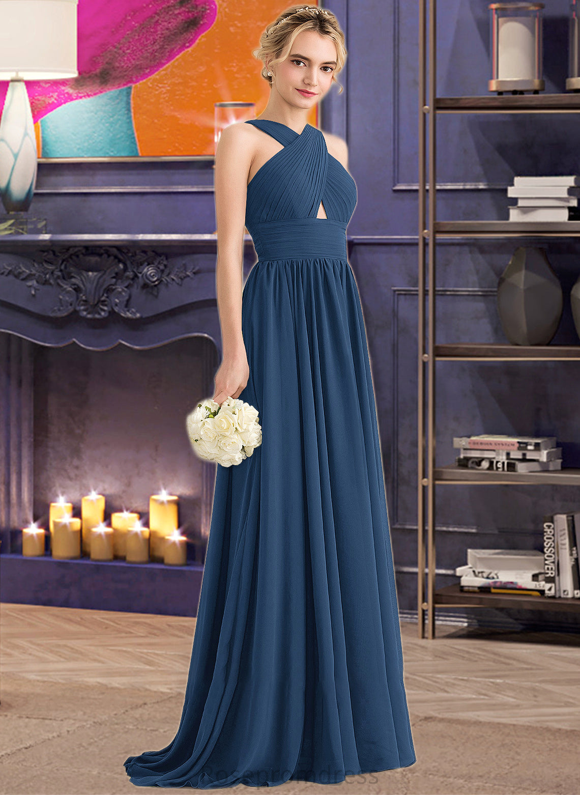 Allie A-line V-Neck Sweep Train Chiffon Bridesmaid Dress With Ruffle SRSP0012949