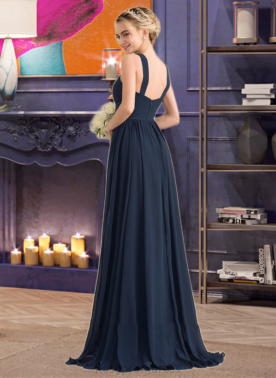 Allie A-line V-Neck Sweep Train Chiffon Bridesmaid Dress With Ruffle SRSP0012949