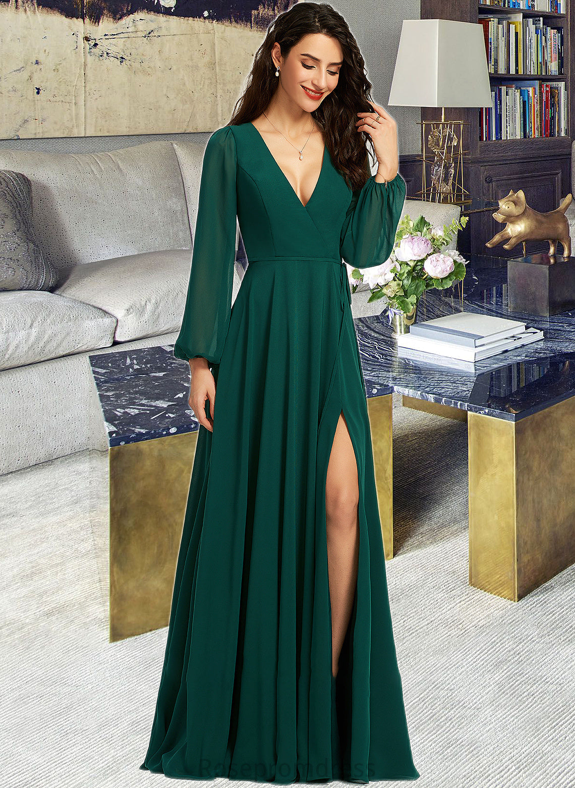 Kaleigh A-Line V-neck Floor-Length Bridesmaid Dress With Split Front SRSP0012953