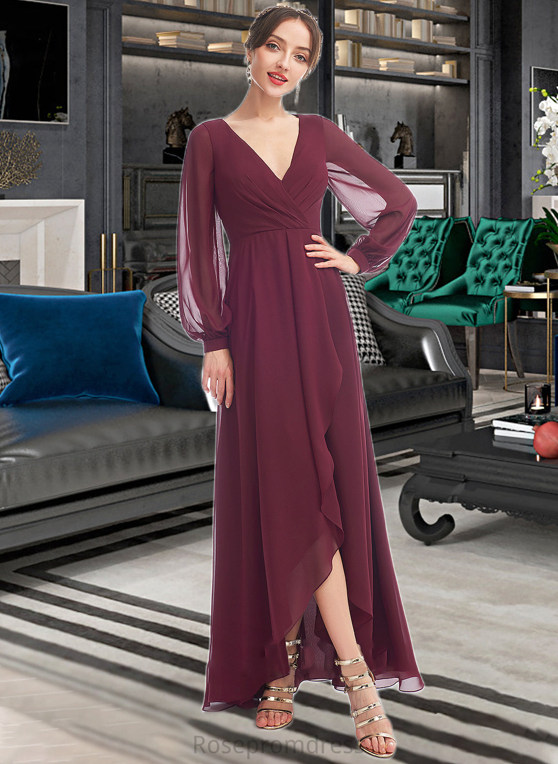 Mercedes A-Line V-neck Asymmetrical Bridesmaid Dress With Ruffle SRSP0012954