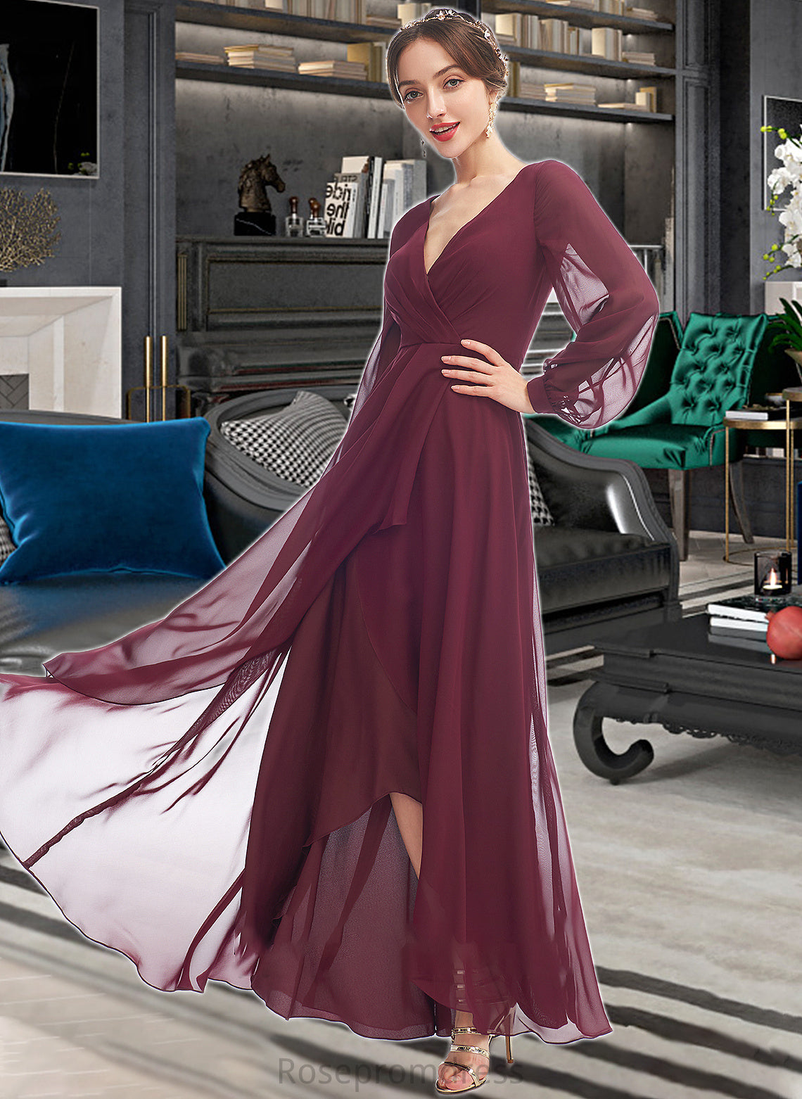 Mercedes A-Line V-neck Asymmetrical Bridesmaid Dress With Ruffle SRSP0012954