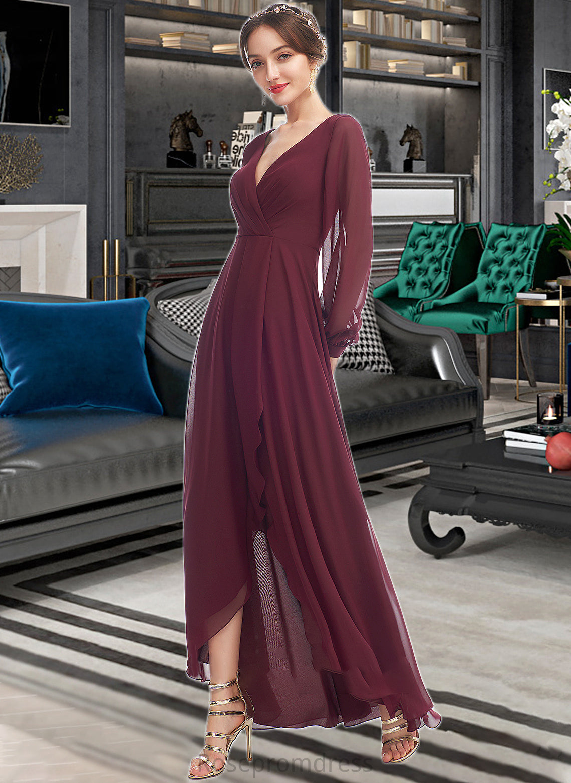 Mercedes A-Line V-neck Asymmetrical Bridesmaid Dress With Ruffle SRSP0012954