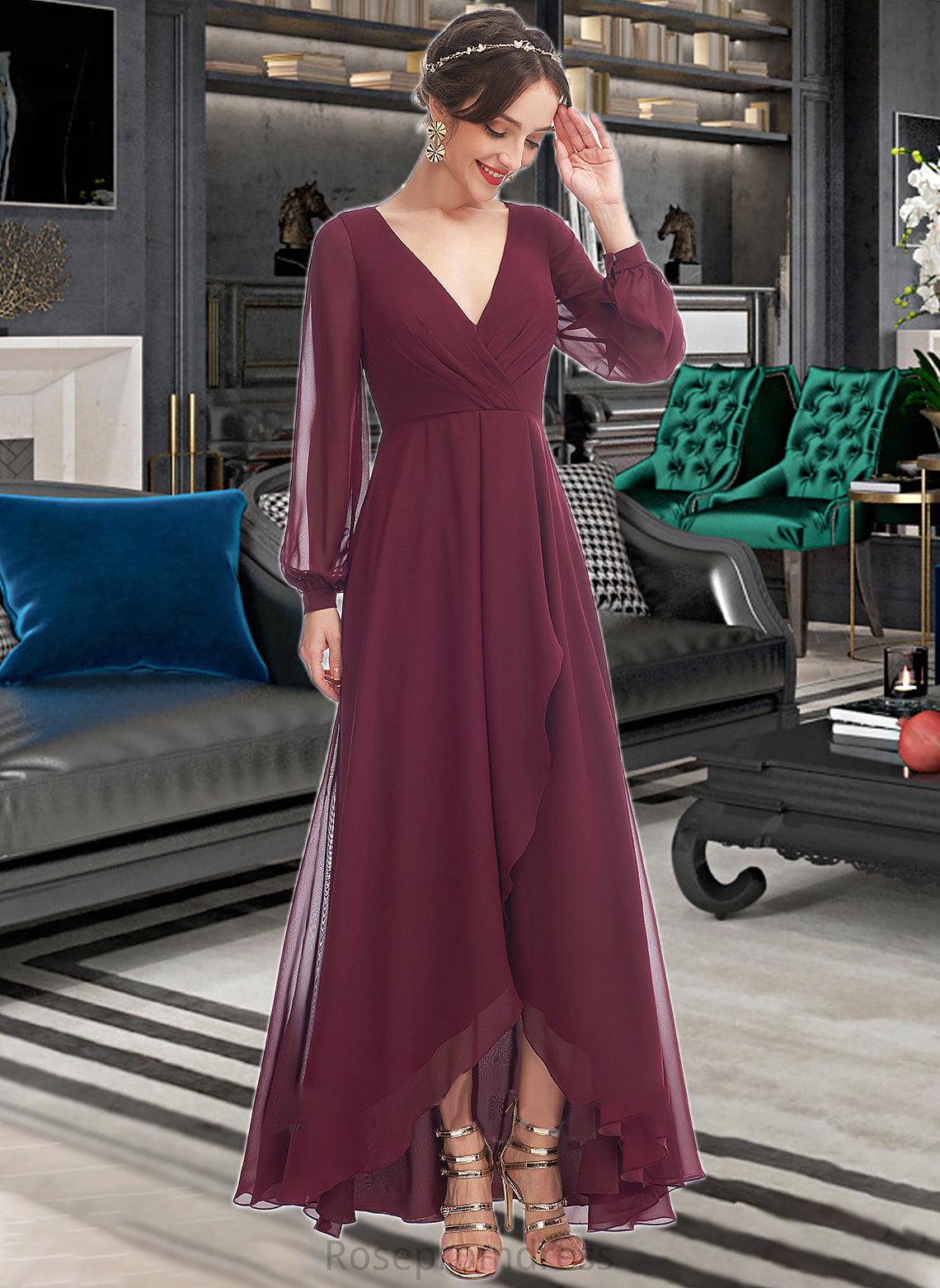 Mercedes A-Line V-neck Asymmetrical Bridesmaid Dress With Ruffle SRSP0012954