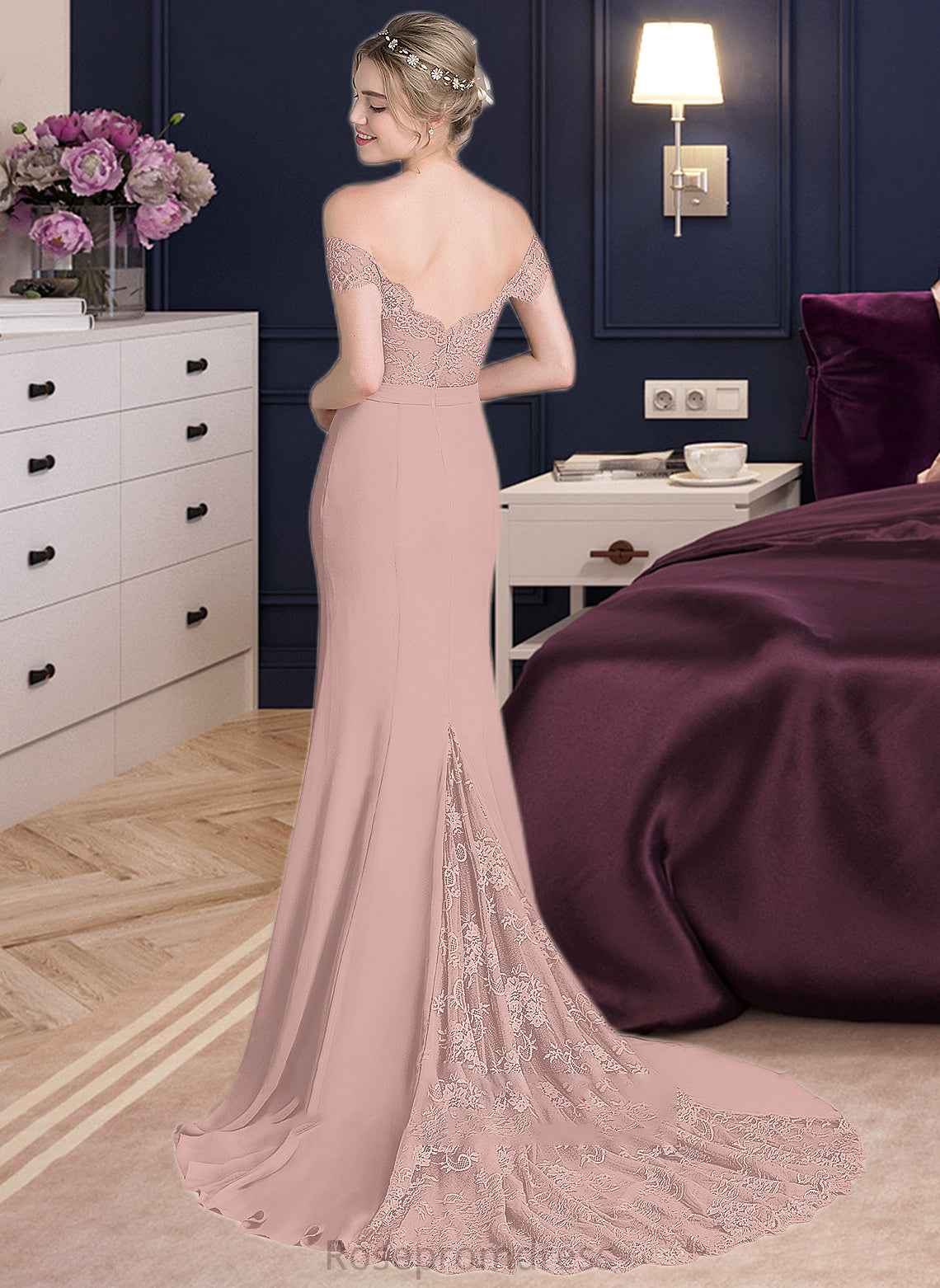 Kiersten Trumpet/Mermaid Off the Shoulder Court Train Chiffon Lace Bridesmaid Dress With Sequins SRSP0012955