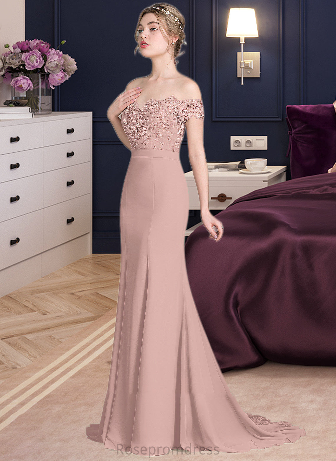 Kiersten Trumpet/Mermaid Off the Shoulder Court Train Chiffon Lace Bridesmaid Dress With Sequins SRSP0012955