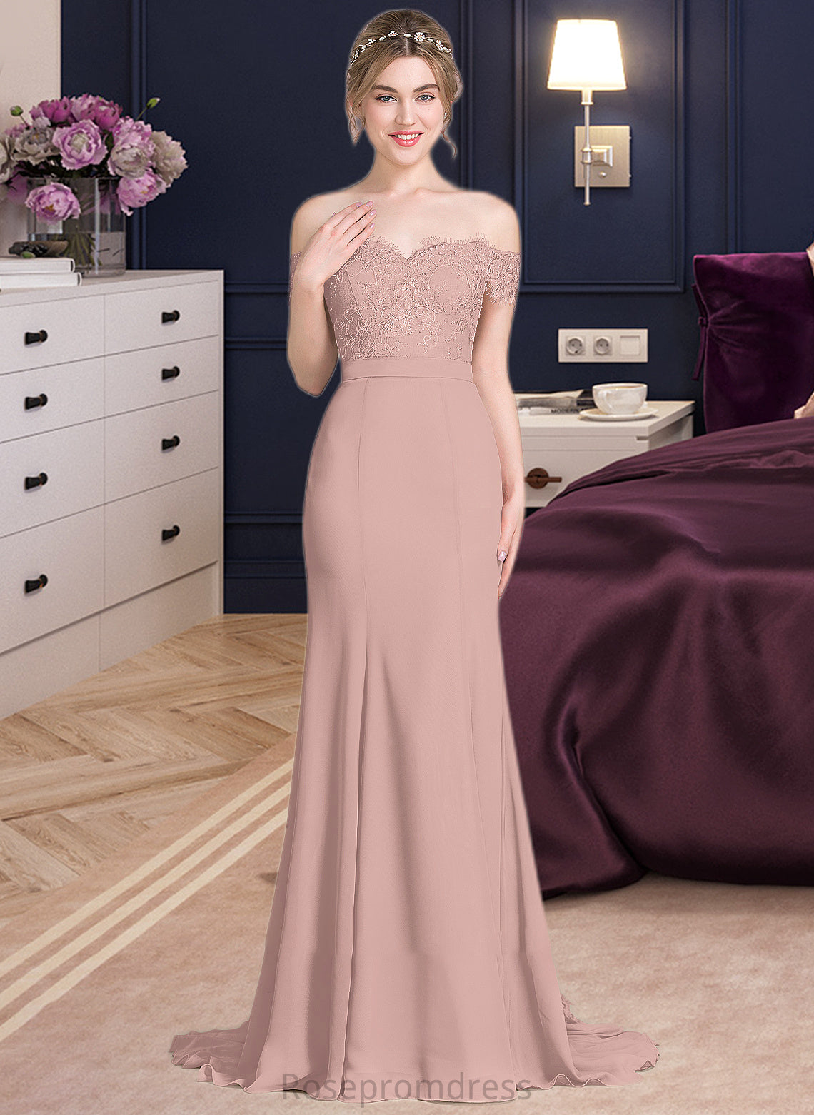 Kiersten Trumpet/Mermaid Off the Shoulder Court Train Chiffon Lace Bridesmaid Dress With Sequins SRSP0012955