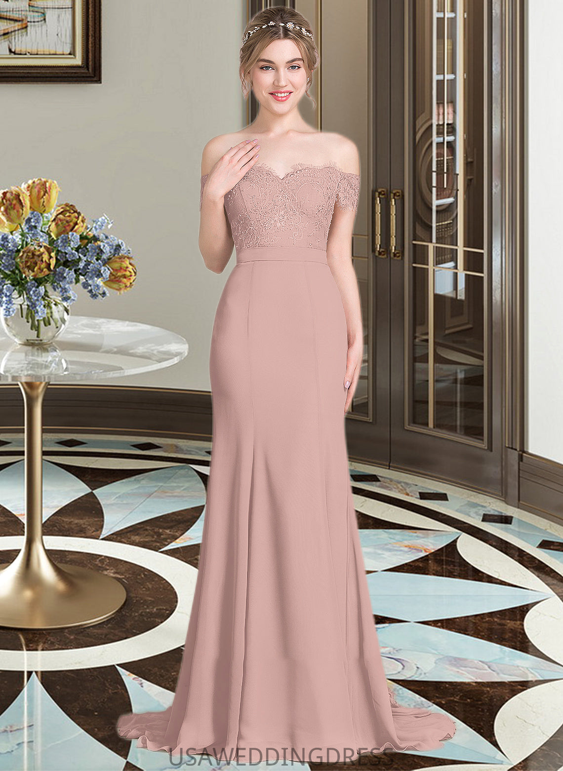 Armani Trumpet/Mermaid Off the Shoulder Court Train Chiffon Lace Bridesmaid Dress With Sequins DSP0012955