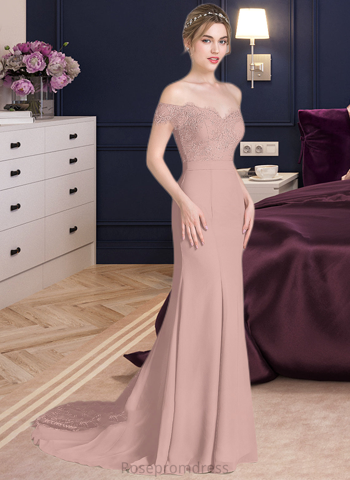 Kiersten Trumpet/Mermaid Off the Shoulder Court Train Chiffon Lace Bridesmaid Dress With Sequins SRSP0012955