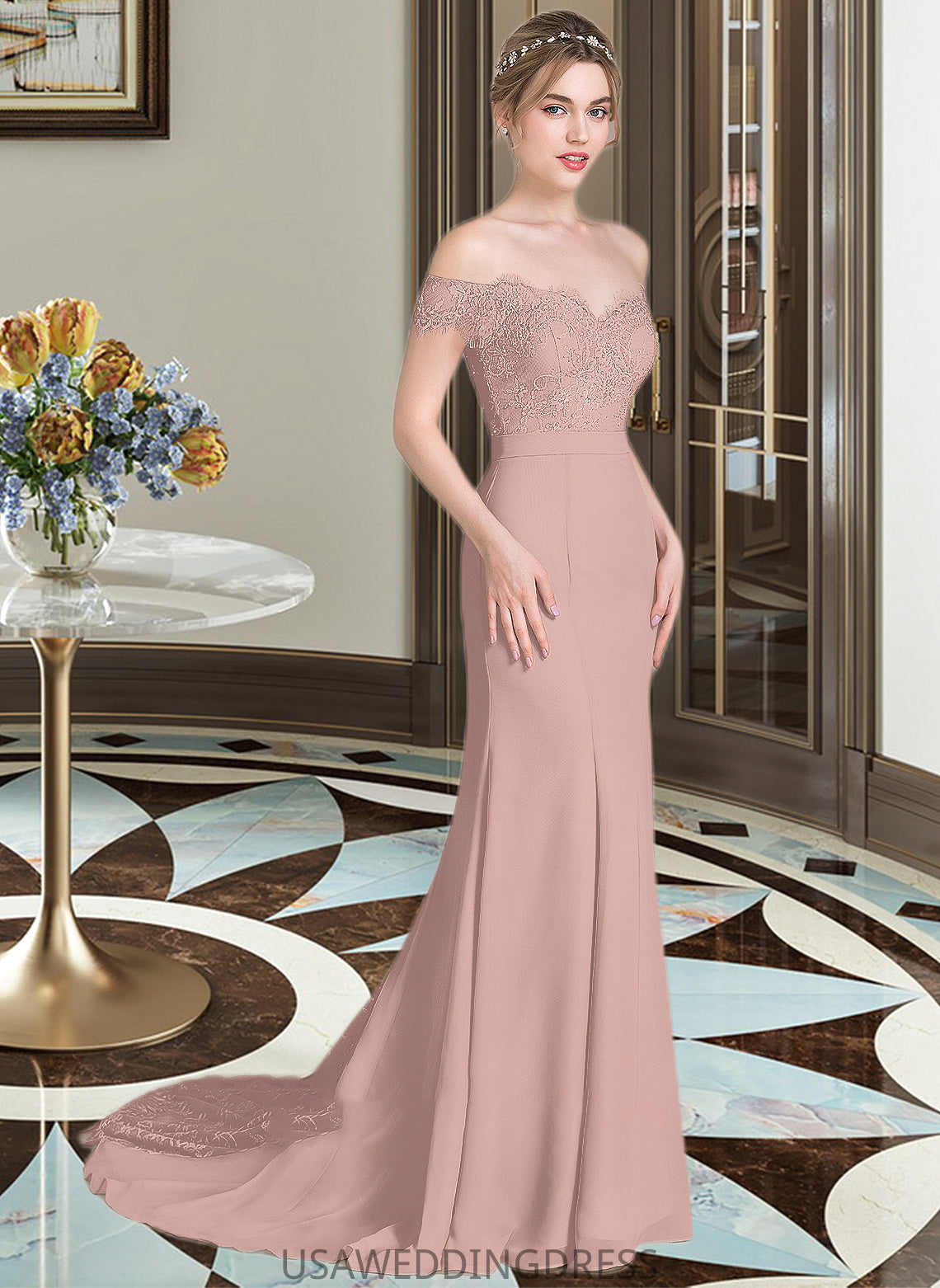 Armani Trumpet/Mermaid Off the Shoulder Court Train Chiffon Lace Bridesmaid Dress With Sequins DSP0012955