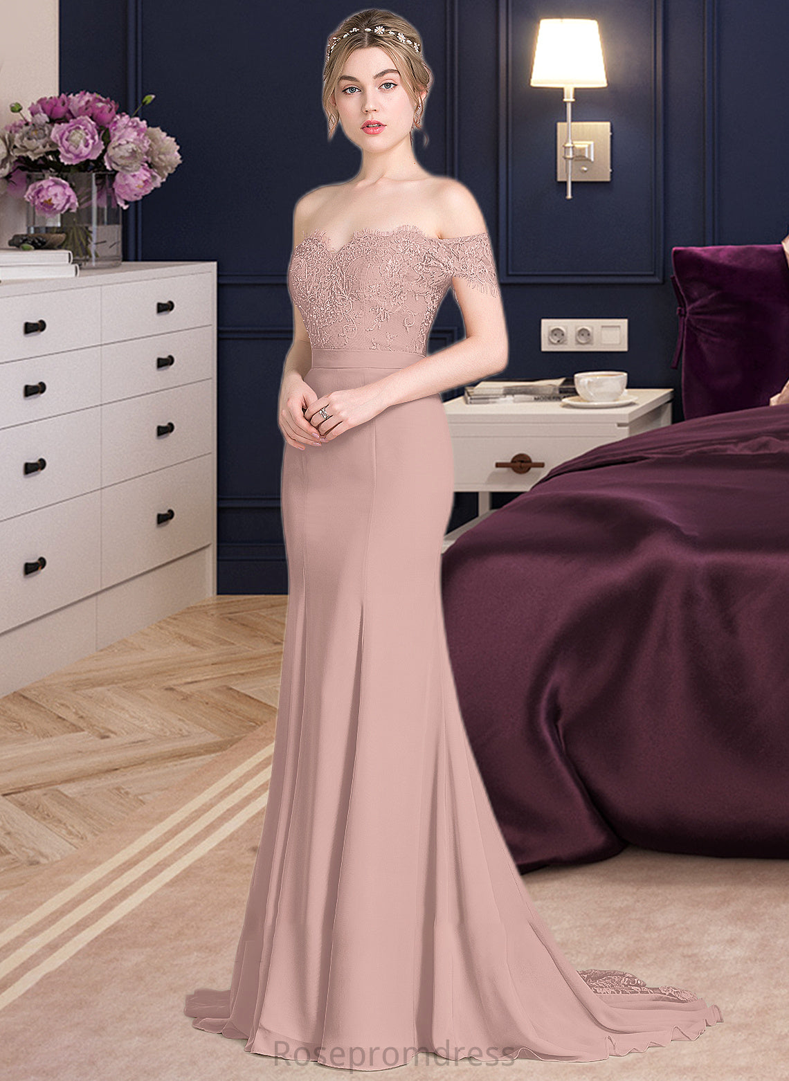Kiersten Trumpet/Mermaid Off the Shoulder Court Train Chiffon Lace Bridesmaid Dress With Sequins SRSP0012955