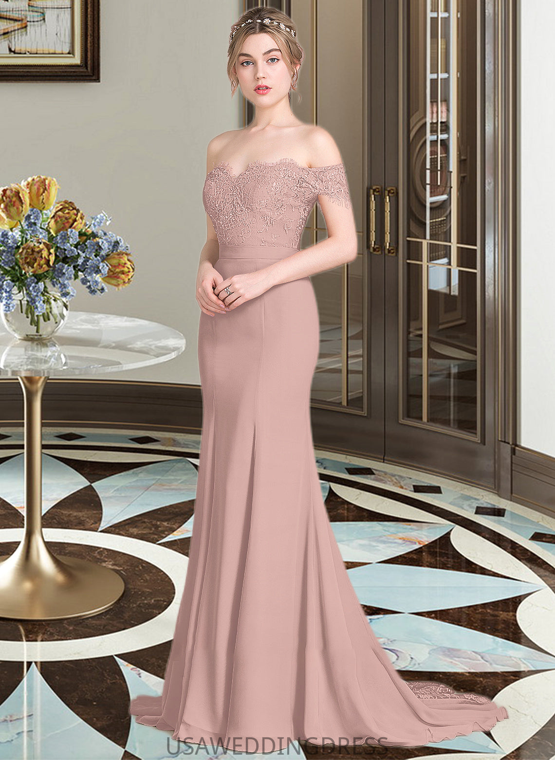 Armani Trumpet/Mermaid Off the Shoulder Court Train Chiffon Lace Bridesmaid Dress With Sequins DSP0012955