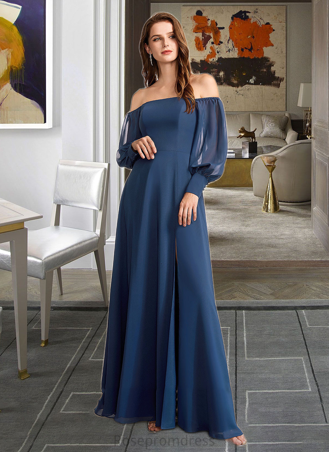 Libby A-Line Off-the-Shoulder Floor-Length Bridesmaid Dress With Split Front SRSP0012956