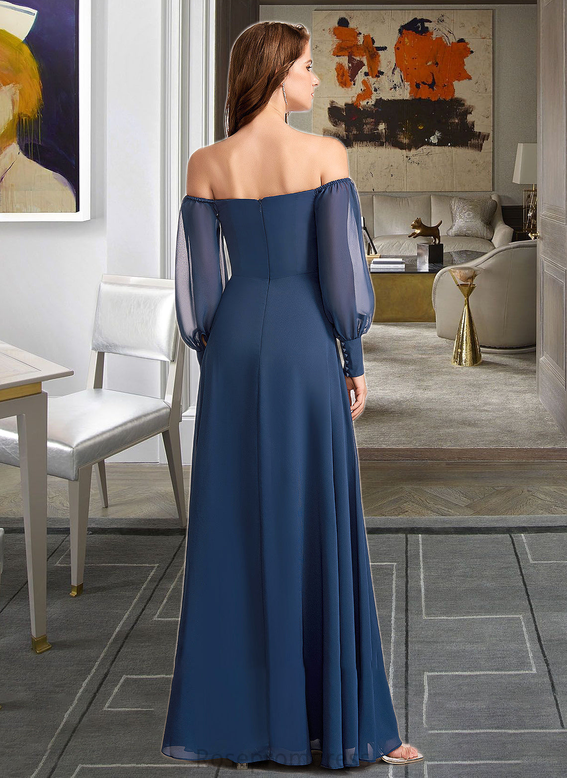 Libby A-Line Off-the-Shoulder Floor-Length Bridesmaid Dress With Split Front SRSP0012956