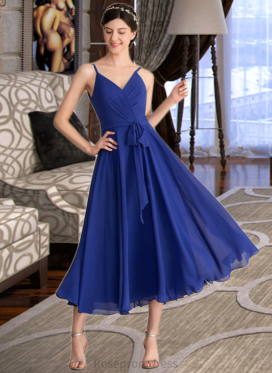 Itzel A-Line V-neck Tea-Length Chiffon Bridesmaid Dress With Ruffle Bow(s) SRSP0012958