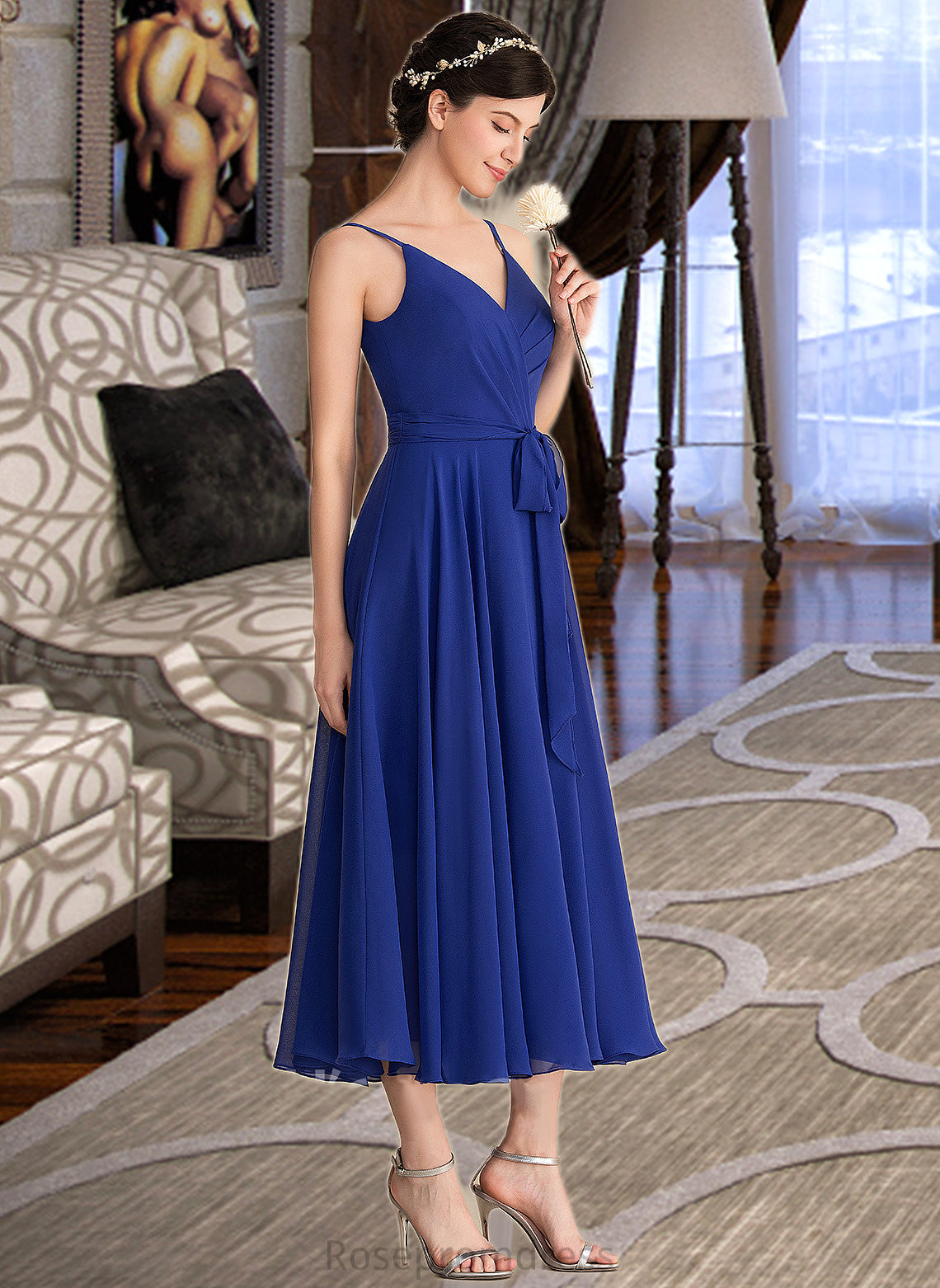 Itzel A-Line V-neck Tea-Length Chiffon Bridesmaid Dress With Ruffle Bow(s) SRSP0012958