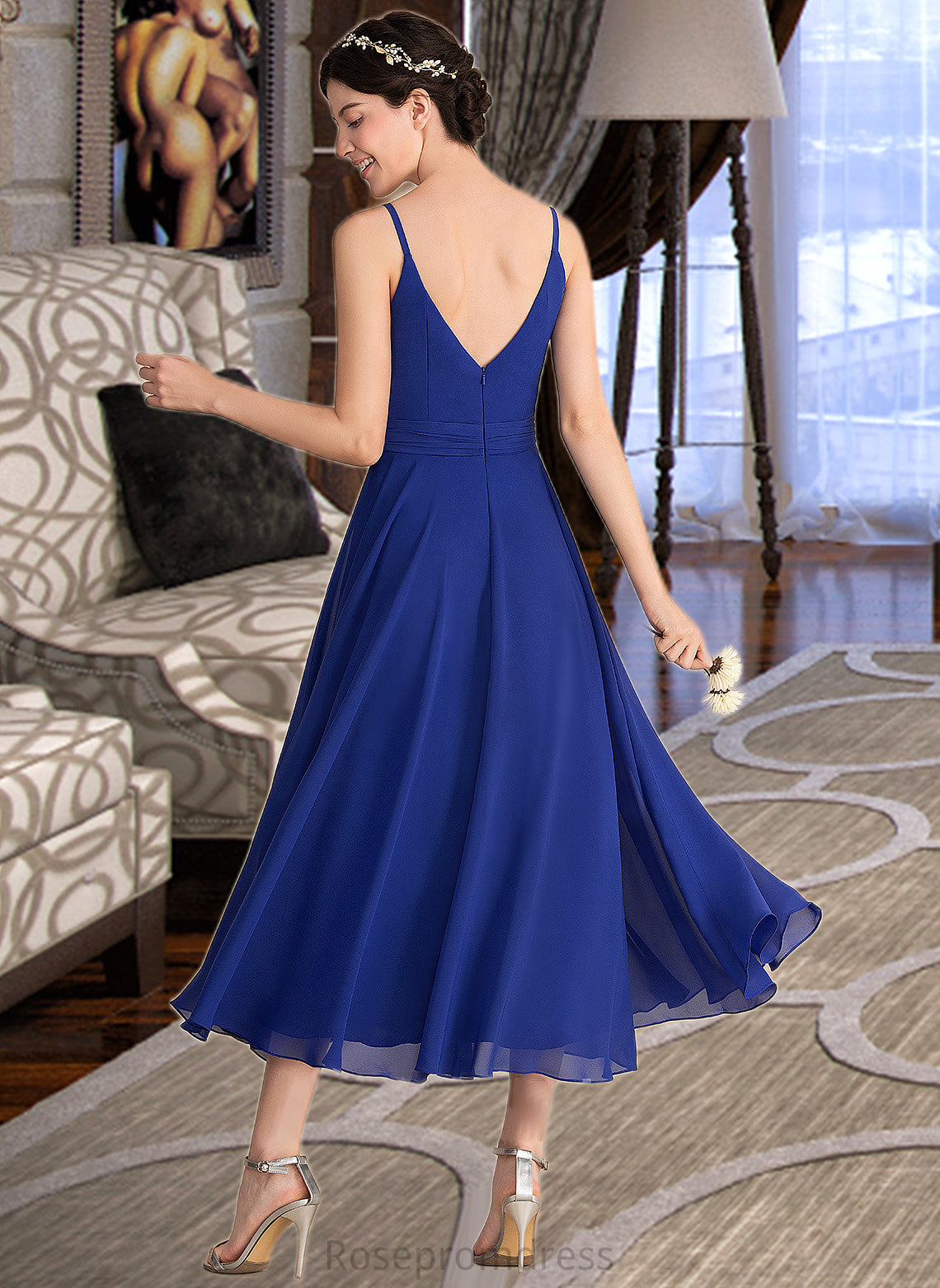 Itzel A-Line V-neck Tea-Length Chiffon Bridesmaid Dress With Ruffle Bow(s) SRSP0012958