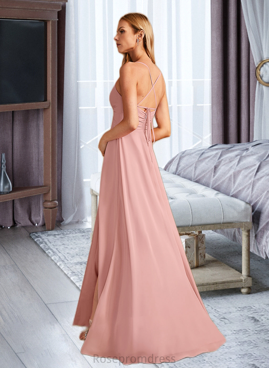 Jenny A-Line V-neck Floor-Length Bridesmaid Dress With Split Front SRSP0012959