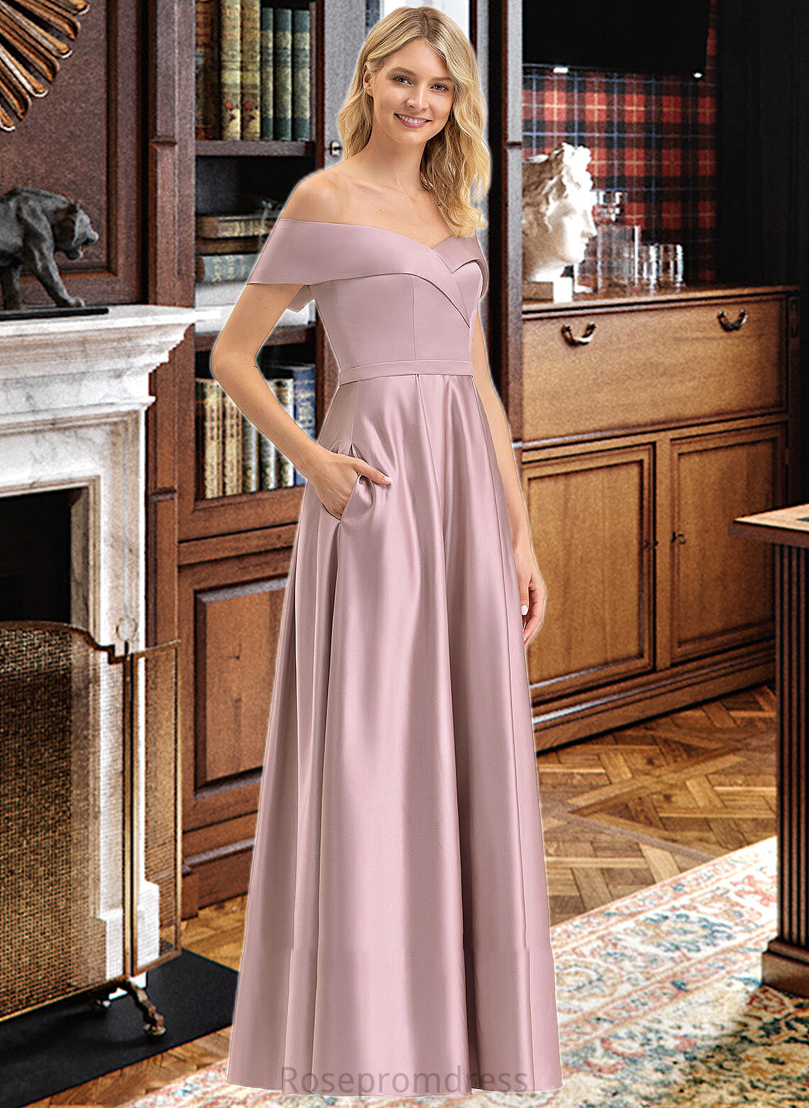 Aubrie A-Line Off-the-Shoulder Floor-Length Satin Bridesmaid Dress With Pockets SRSP0012961