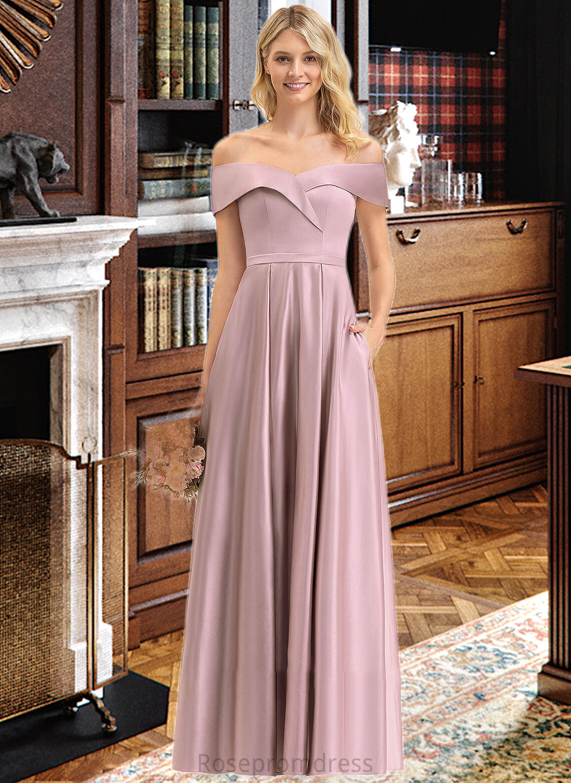 Aubrie A-Line Off-the-Shoulder Floor-Length Satin Bridesmaid Dress With Pockets SRSP0012961