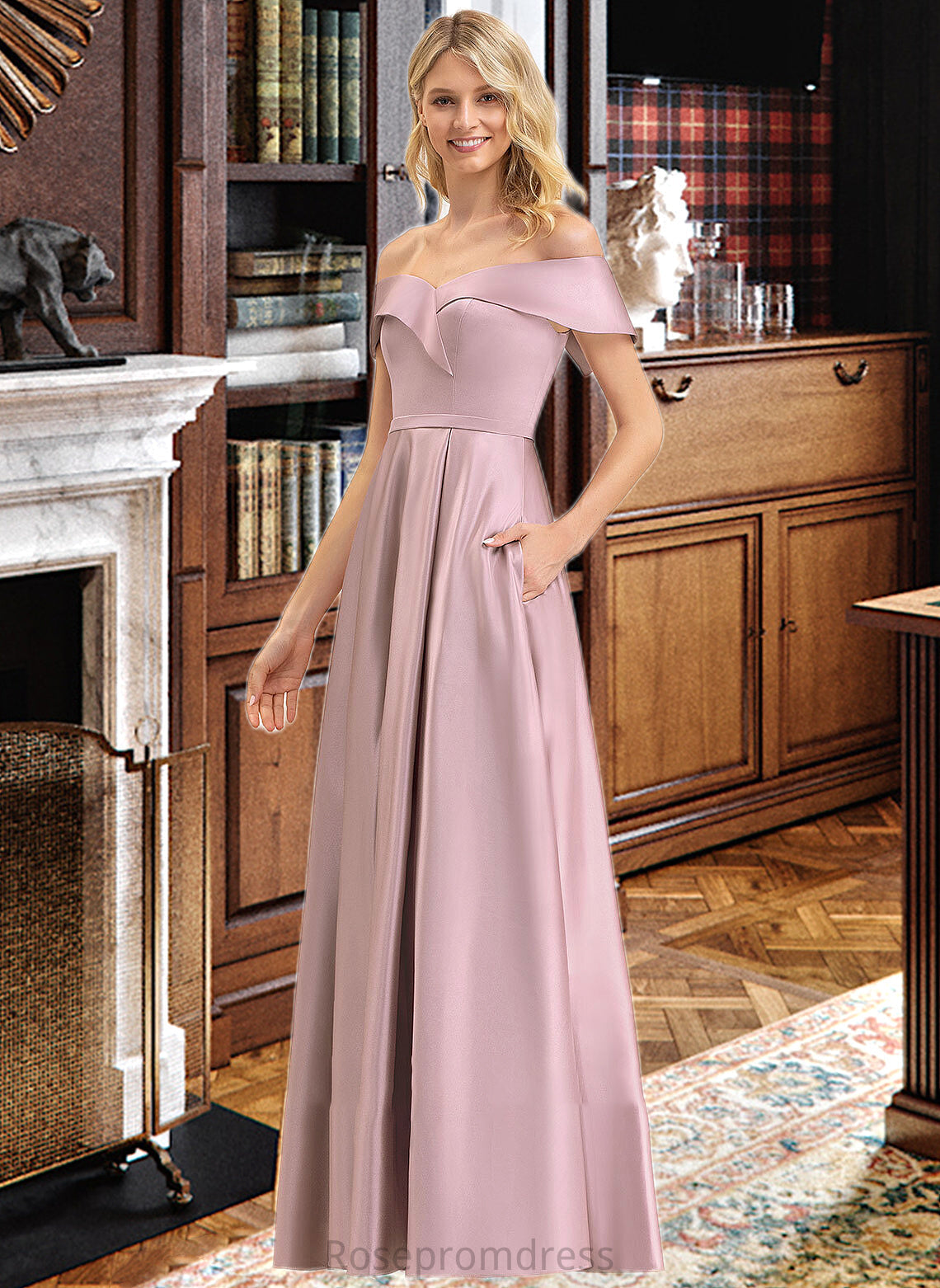 Aubrie A-Line Off-the-Shoulder Floor-Length Satin Bridesmaid Dress With Pockets SRSP0012961
